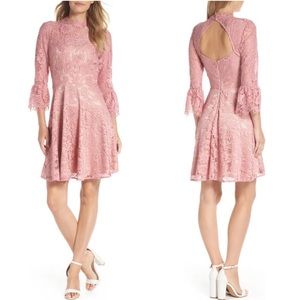 New Eliza J Pink Bell Sleeve Lace Overlay with Tan Lining Fit & Flare Dress Sz 6